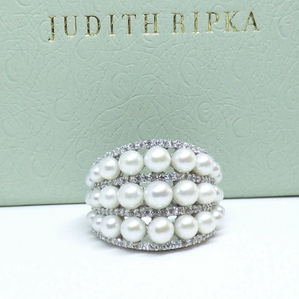 Judith Ripka Colette Ring Multi Row Pearl Sterling SIZE 8 (poss fit for size 7)